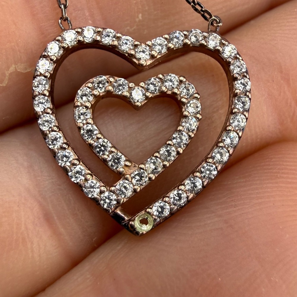 Vintage CI Necklace Rose Gold Heart Rhinestone Sterling Silver 18in